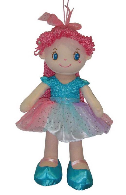 Кукла мягконабивная с розовыми волосами в голубой пачке, 20 см