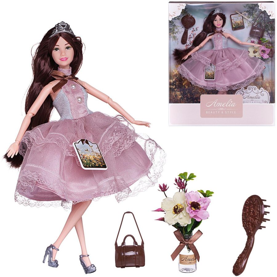 Кукла "Amelia. Летний вечер" с диадемой в платье с ажурной двухслойной юбкой, темные волосы, 30 см