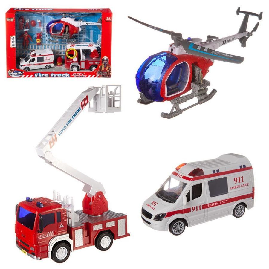 Набор игровой "Служба спасения" (пожарная машина, скорая помощь, вертолет, акссесуары), свет, звук