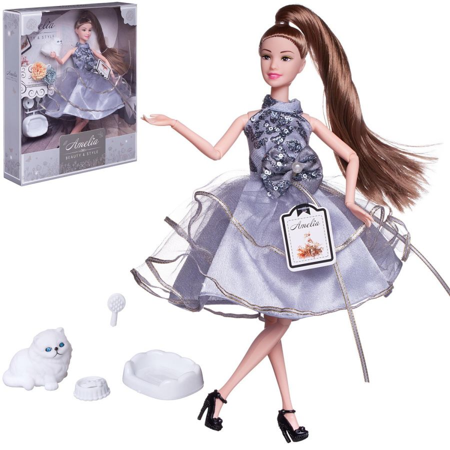 Кукла "Amelia. Роскошное серебро" с котенком в платье с пайетками с двухслойной юбкой, 30 см