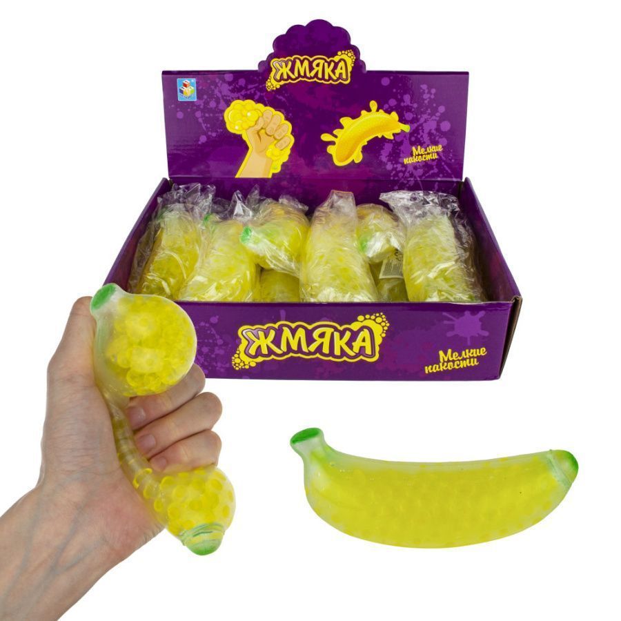1toy Мелкие пакости, жмяка банан с шариками, 12,5см, 12шт в д/боксе