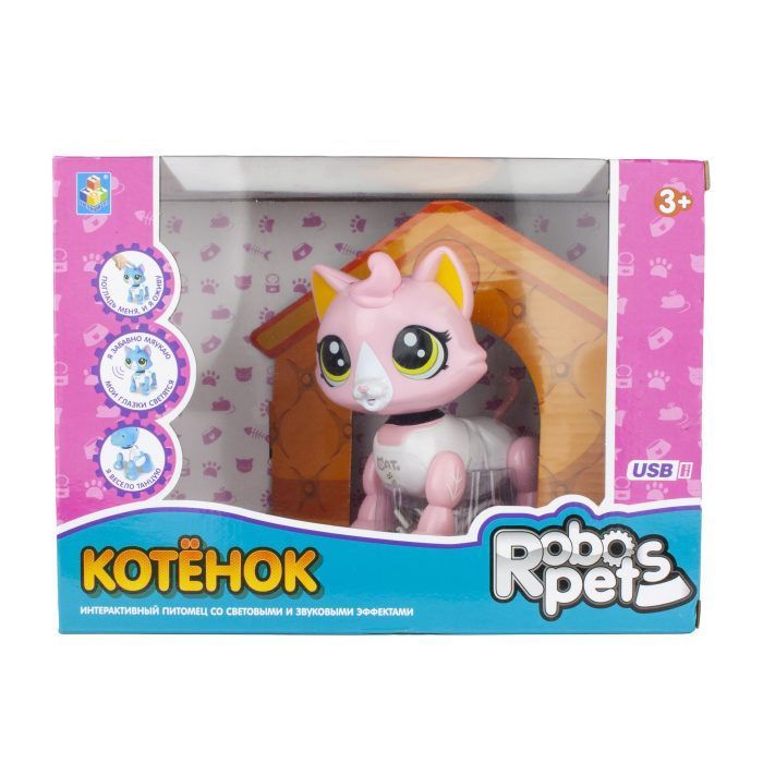 1 toy, RoboPets интерактивная игрушка Робо-котенок бело-розовый, свет, звук, движение