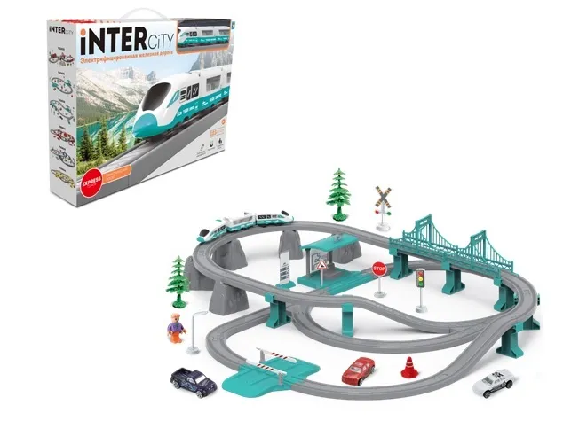 1TOY InterCity Express Железная дорога "Туристический поезд" 103 детали, свет, звук, поезд 3 вагона