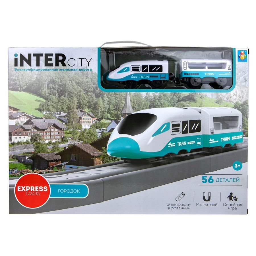 1TOY InterCity Express Железная дорога "Городок" 56 деталей, свет, звук, поезд 2 вагона  