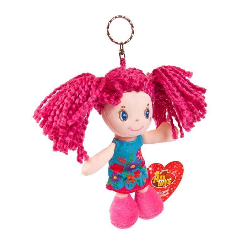Кукла с розовыми волосами в голубом платье, на брелке, мягконабивная, 15 см