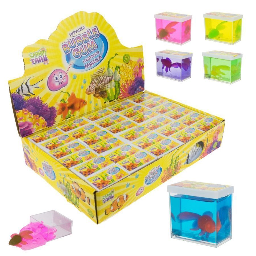Слайм Тайм надувная мяшка Bubble Gum с рыбкой, 5 цветов, 4,5см, 30 шт в д/б