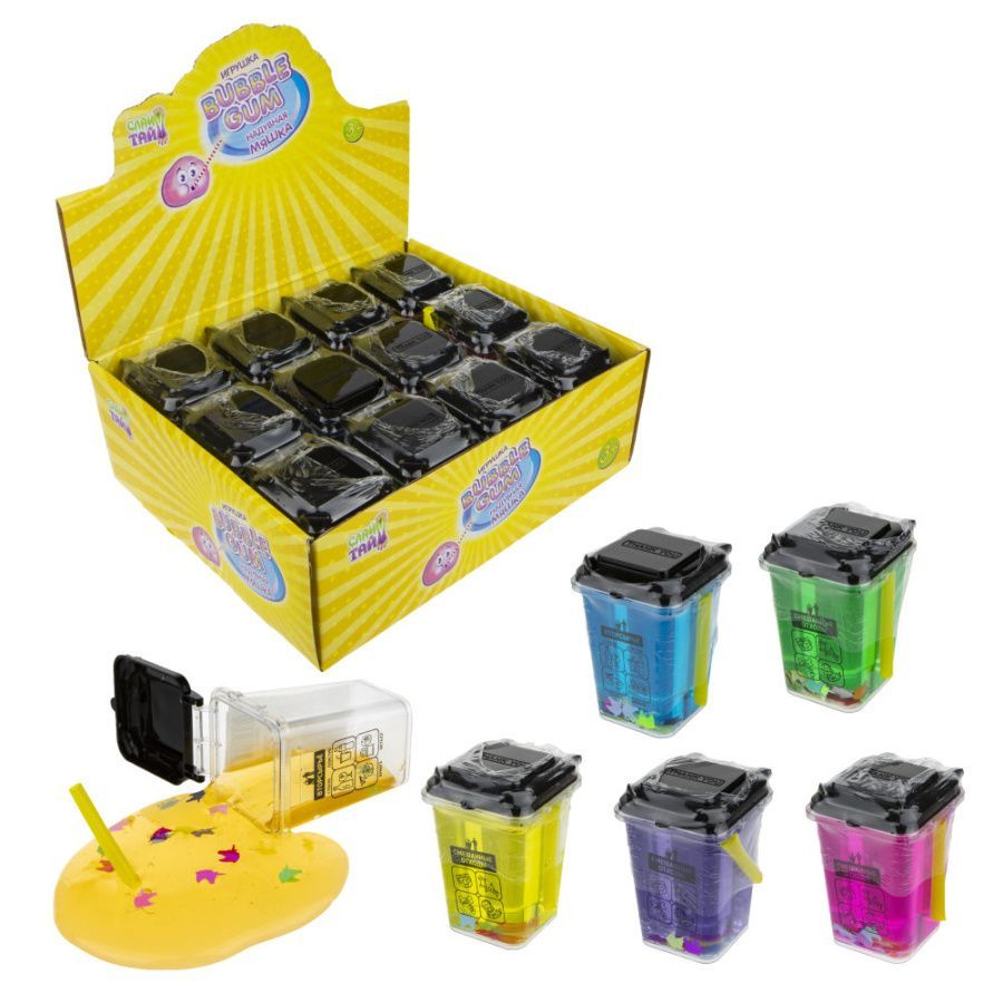 Слайм Тайм надувная мяшка Bubble Gum мусорный бак, 6 цветов, с блестками, с трубочкой, 8х5,5см, 12 ш