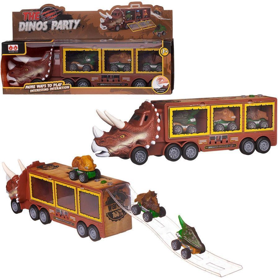 Машинка "Автовоз-динозавр коричневый с 3 машинками-динозаврами со съездом, в коробке