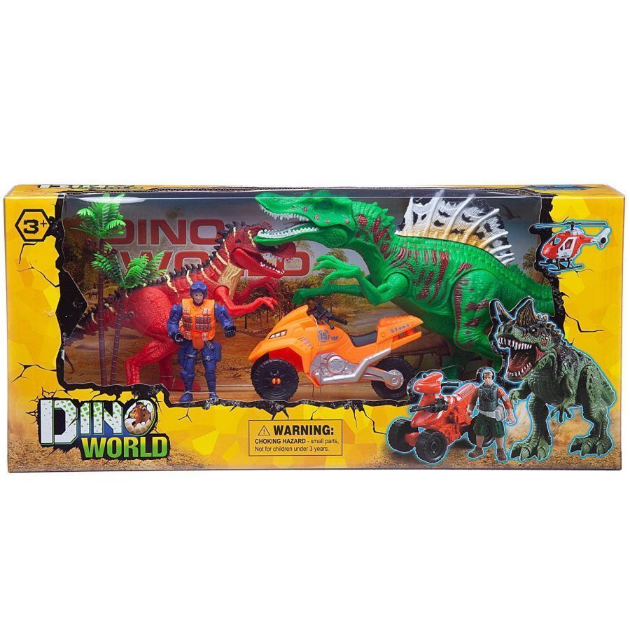 Набор игровой "Мир динозавров" (2 больших динозавра, мотоцикл, фигурка человека, акссесуары)