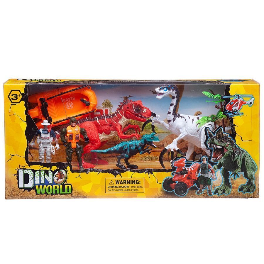 Набор игровой "Мир динозавров" (2 больших динозавра, маленький динозавр, 2 фигурки человека, лодка)