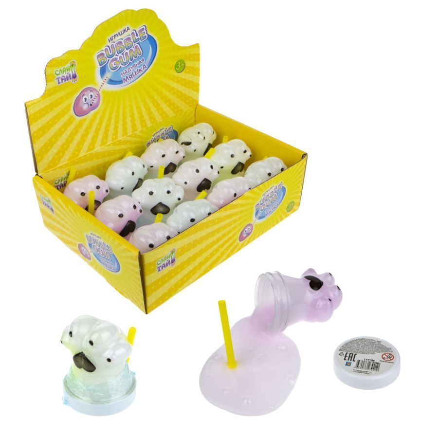 Слайм Тайм надувная мяшка Bubble Gum кошачья лапка, 4 пастельных цвета, с трубочкой, 7см, 12 шт в д/
