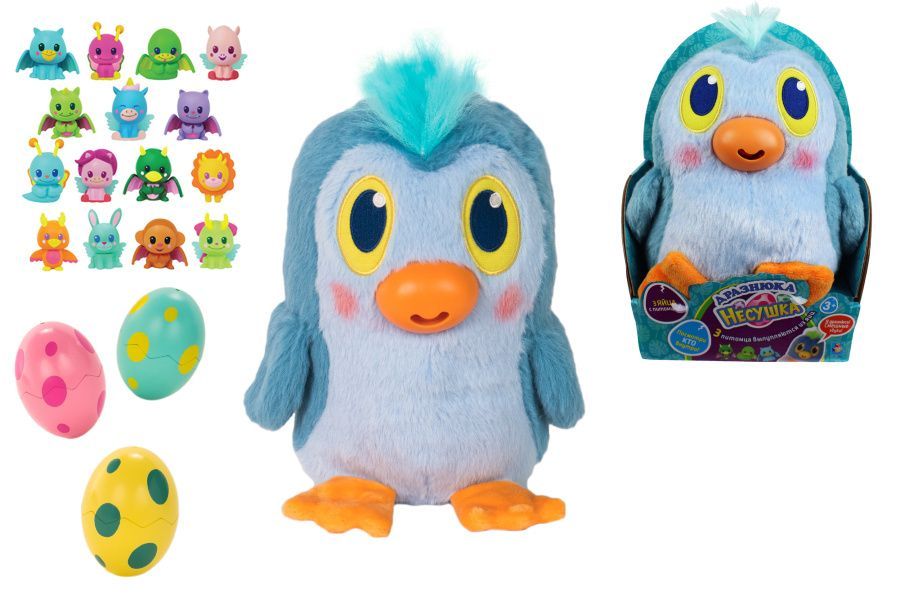 1TOY Дразнюка-Несушка мягкая игрушка Пингвинос с 3 пласт.яйца с фигурками внутри