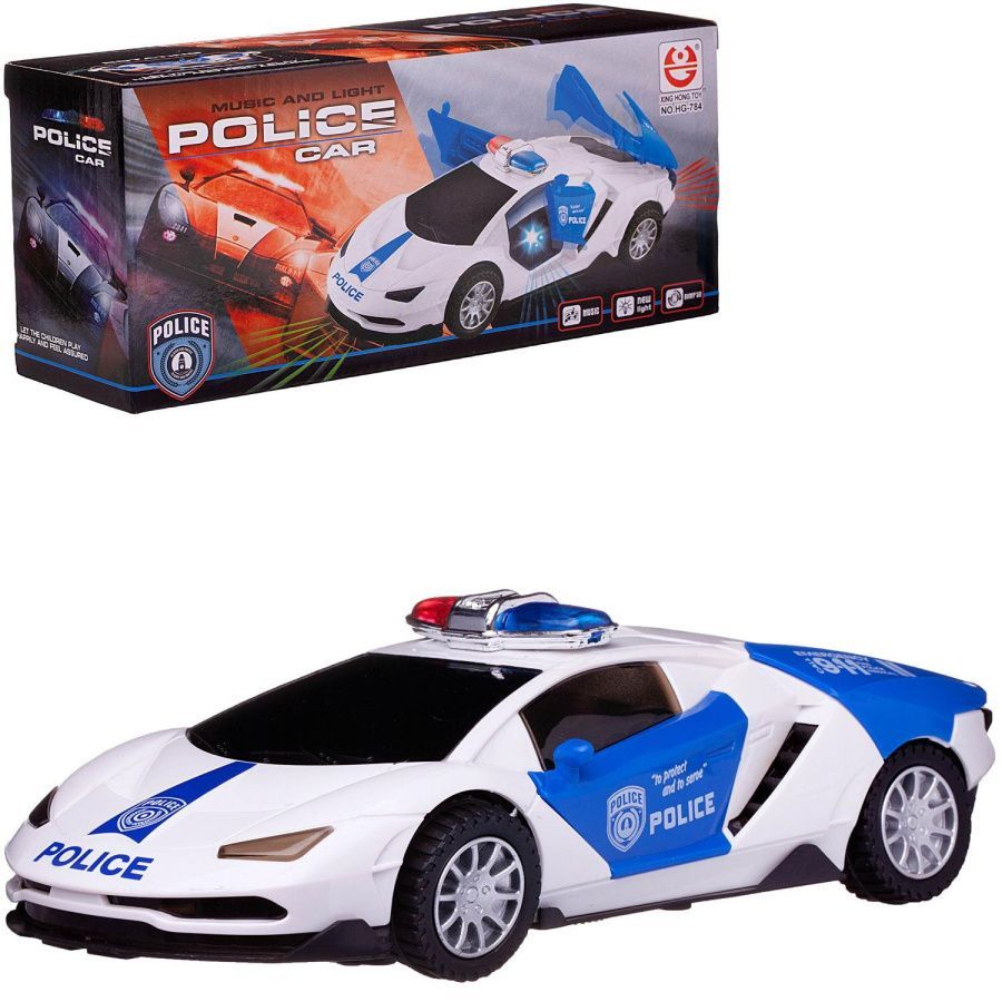 Машинка на батарейках "Полиция"(движение+вращение), со световыми и звуковыми эффектами, в коробке