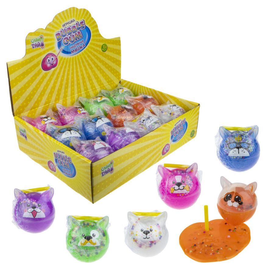 Слайм Тайм надувная мяшка Bubble Gum кошка с разноцветнами шариками, 6 цветов, с трубочкой, 6см, 12 