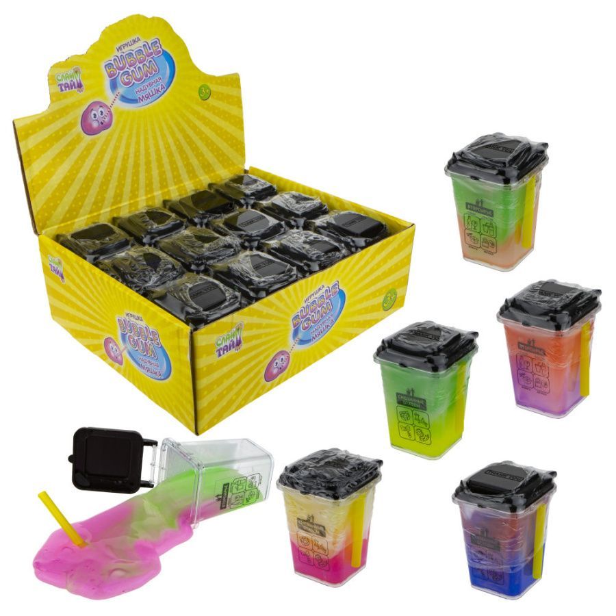 Слайм Тайм надувная мяшка Bubble Gum мусорный бак, 3х цветная,перламутр, с трубочкой, 8х5,5см, 12 шт
