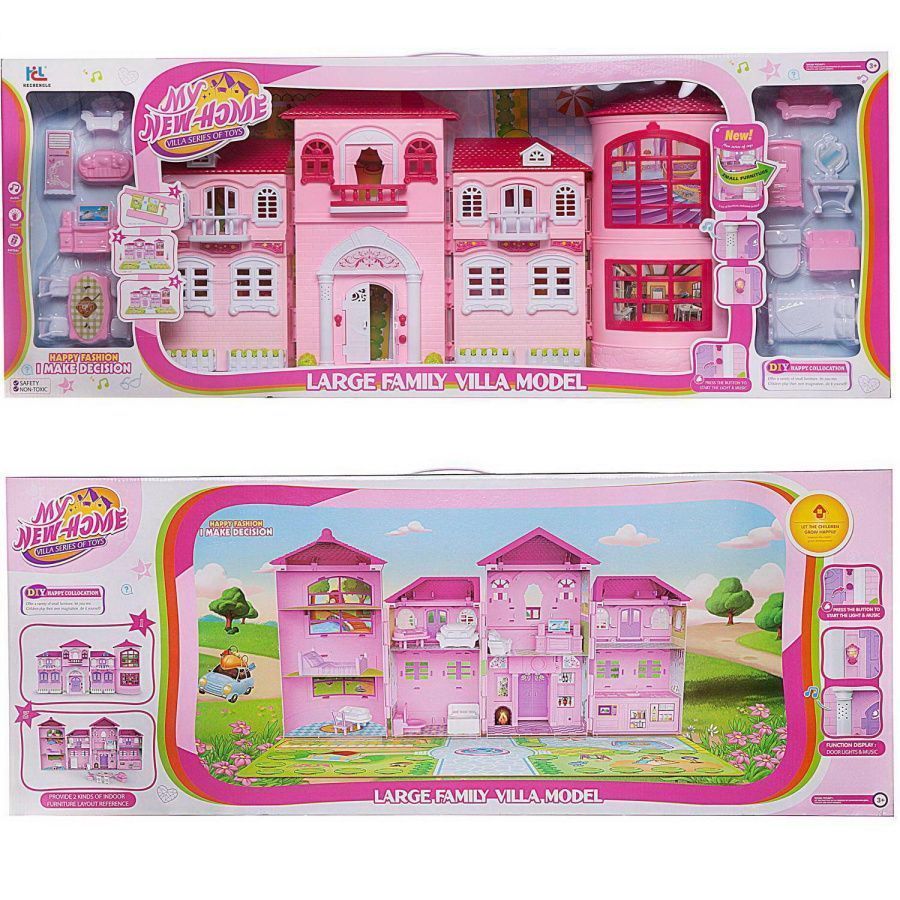 Дом кукольный "Мой новый дом" с мебелью, большой, розовый, сборный, со звуковыми и световыми эффект.