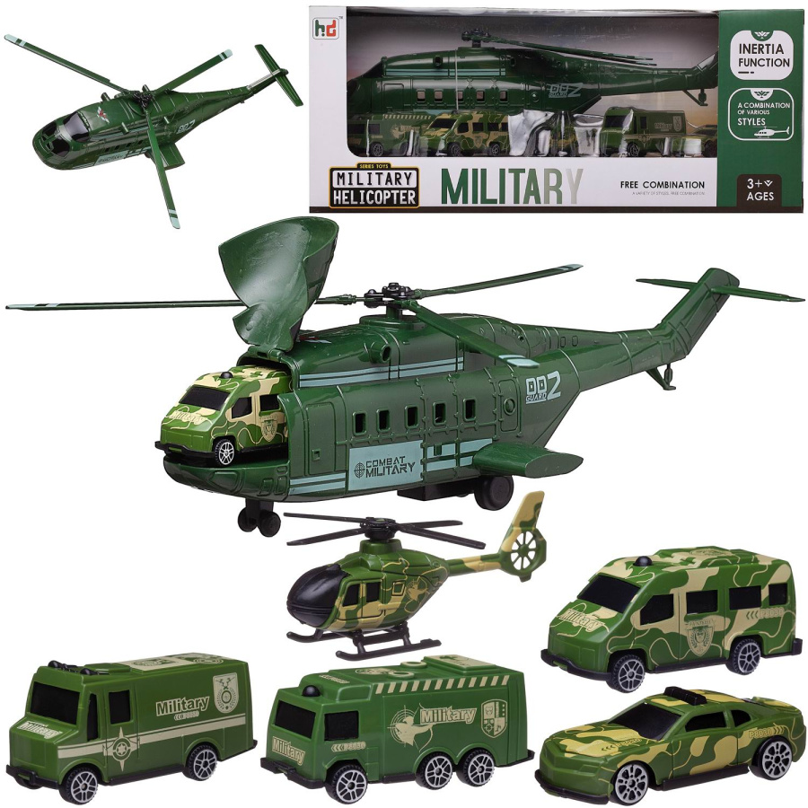 Набор игровой "Вертолет военный грузовой с 4 машинками и вертолетом", в коробке