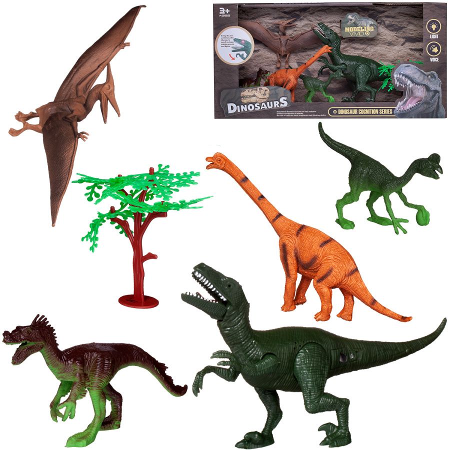 Набор игровой "Динозавры" (большой зеленый динозавр, 4 динозавра, пальма), свет, звук