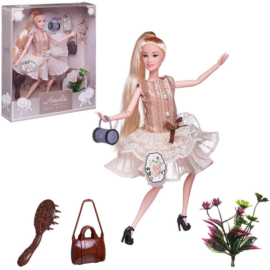 Кукла "Amelia. Современный шик" в платье без рукавов с плиссированной юбкой, коричневая сумка, 30 см
