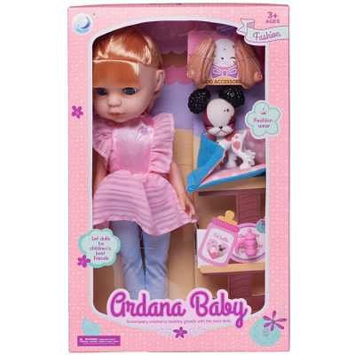 Кукла "Ardana Baby" 32,5 см, в наборе с собачкой и аксессуарами, в розовом платье и голубых лосинах