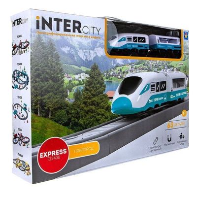 1TOY InterCity Express Железная дорога "Пригород" 63 детали, свет, звук, поезд 2 вагона, остановка
