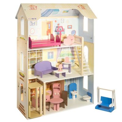 Дом кукольный деревянный "Грация", с мебелью 16 предметов в наборе и с качелями, для кукол 30 см