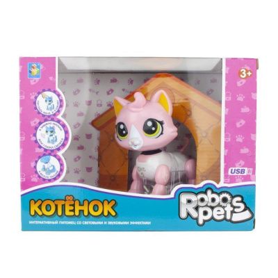 1 toy, RoboPets интерактивная игрушка Робо-котенок бело-розовый, свет, звук, движение