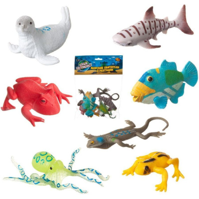 Юный натуралист. Фигурки-тянучки пластичные "Морские обитатели и рептилии", 7 штук (2 лягушки, 2 рыб