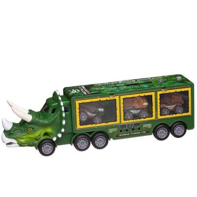 Машинка "Автовоз-динозавр зеленый с 3 машинками-динозаврами со съездом, в коробке