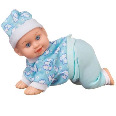 Пупс-кукла ползающая в синей кофте с рисунком и голубых штанишках, 15см, со звуковыми эффектами