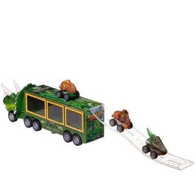 Машинка "Автовоз-динозавр зеленый с 3 машинками-динозаврами со съездом, в коробке