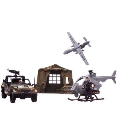 Боевая сила. Набор военной техники: военный джип, вертолет, беспилотный самолет-разведчик, штаб-пала