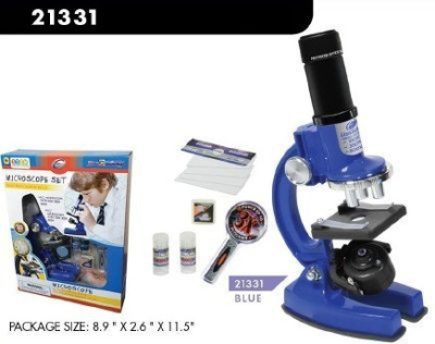 Микроскоп c аксессуарами увеличение 100х300х600х, 33 предмета, синий, металл, пластмасса