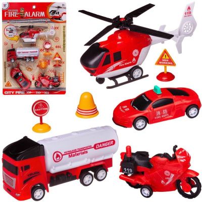 Набор игровой "Пожарная служба" (2 машинки, вертолет, мотоцикл, аксессуары), инерционные, пластмассо