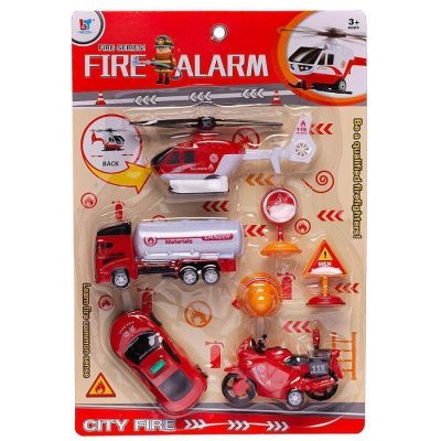 Набор игровой "Пожарная служба" (2 машинки, вертолет, мотоцикл, аксессуары), инерционные, пластмассо