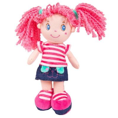 Кукла мягконабивная с розовыми волосами в джинсовой юбочке, 20 см