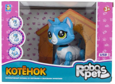 1 toy, RoboPets интерактивная игрушка Робо-котенок бело-голубой, свет, звук, движение
