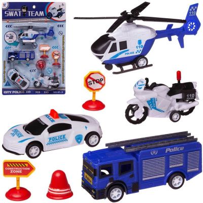Набор игровой "Полиция" (2 машинки, вертолет, мотоцикл, аксессуары), инерционные, пластмассовые