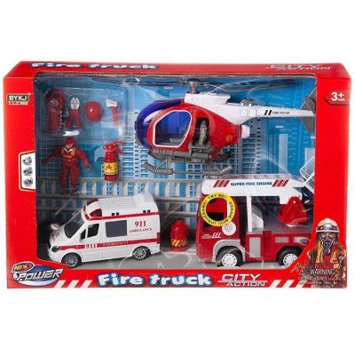 Набор игровой "Служба спасения" (пожарная машина, скорая помощь, вертолет, акссесуары), свет, звук