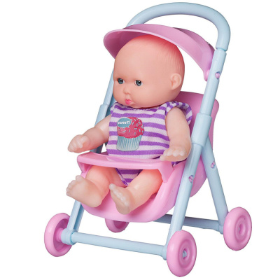 Пупс "Мой малыш" в полосатом фиолетово-белом комбинезоне, 12 см, в наборе с коляской и аксессуарами