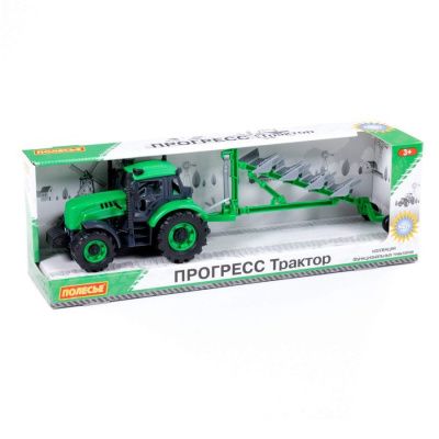 Трактор Полесье Прогресс с плугом инерционный зелёный в коробке