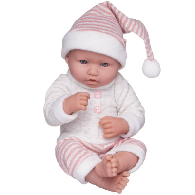 Пупс "Pure Baby" 35см, в вязаных бело-розовых полосатых штанишках и шапочке-колпаке,серой толстовке