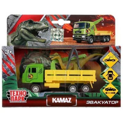 Машинка Технопарк Кamaz эвакуатор и динозавр открываются двери, багажник, инерцонная, металлическая 
