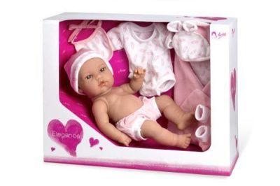 Arias ELEGANCE Кукла 33 см, виниловая, одеждой, конвертом и пинетками розового цвета 