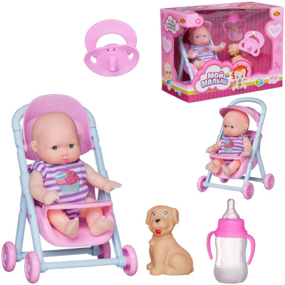 Пупс "Мой малыш" в полосатом фиолетово-белом комбинезоне, 12 см, в наборе с коляской и аксессуарами