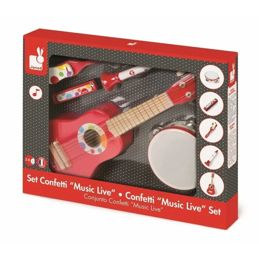 Набор музыкальных инструментов; красный: гитара, бубен, губная гармошка, дудочка, трещотка