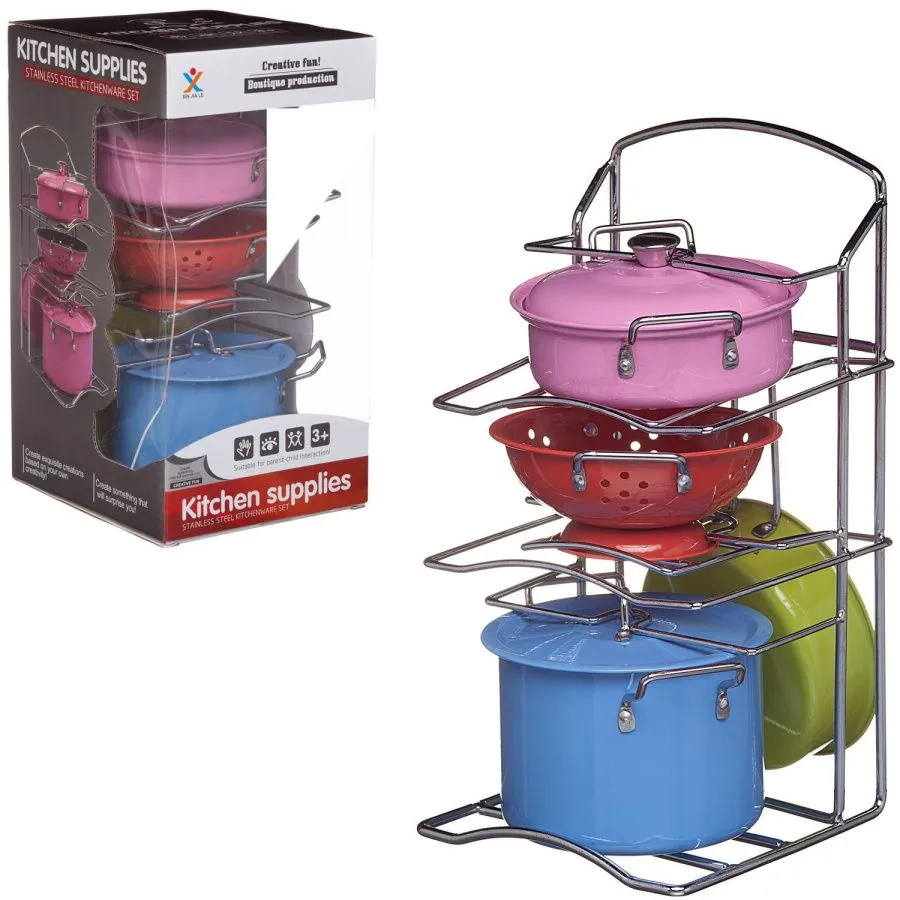 Посуда металлическая (разноцветная) с подставкой-держателем, в наборе 7 предметов, в коробке