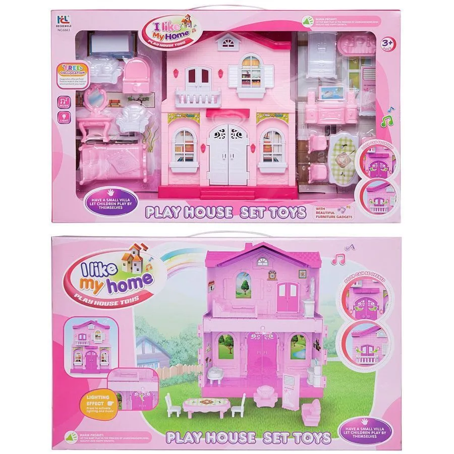Дом кукольный "Мой новый дом" с мебелью, малый, розовый, сборный, со звуковыми и световыми эффектами