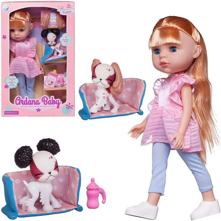 Кукла "Ardana Baby" 32,5 см, в наборе с собачкой и аксессуарами, в розовом платье и голубых лосинах