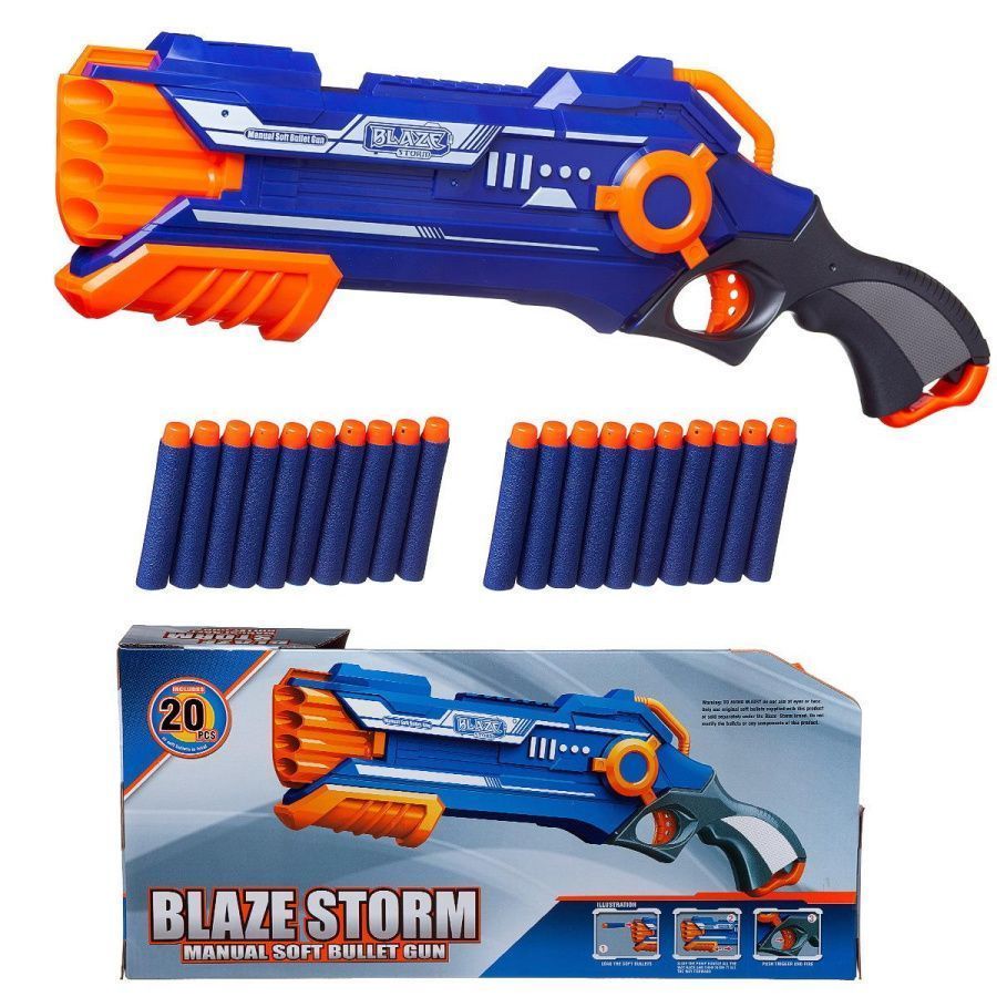 Бластер "Blaze Storm" синий с 20 мягкими пулями, механический